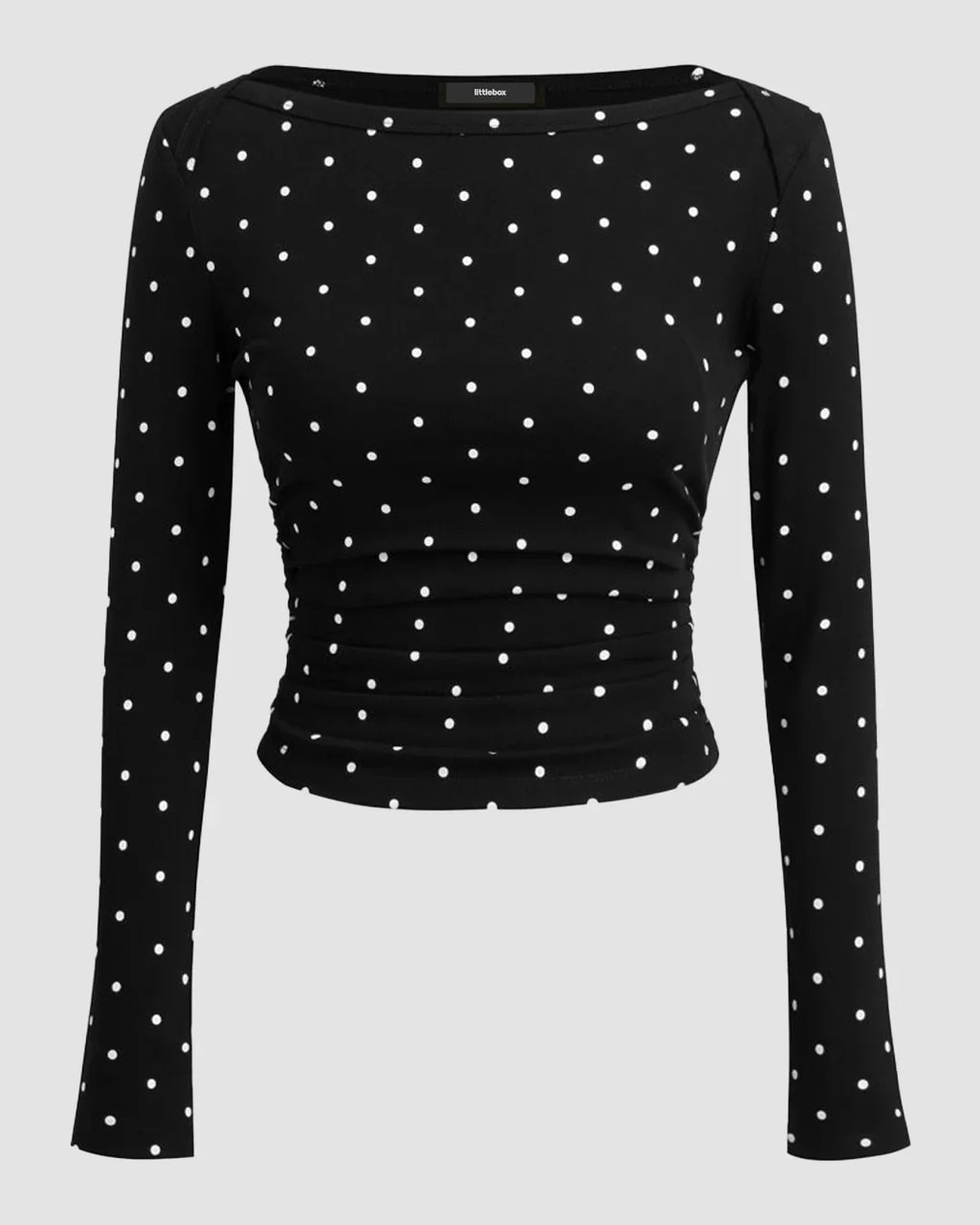 Polka Dot Boat Neck Slim Fit Full Sleeve Top in Black