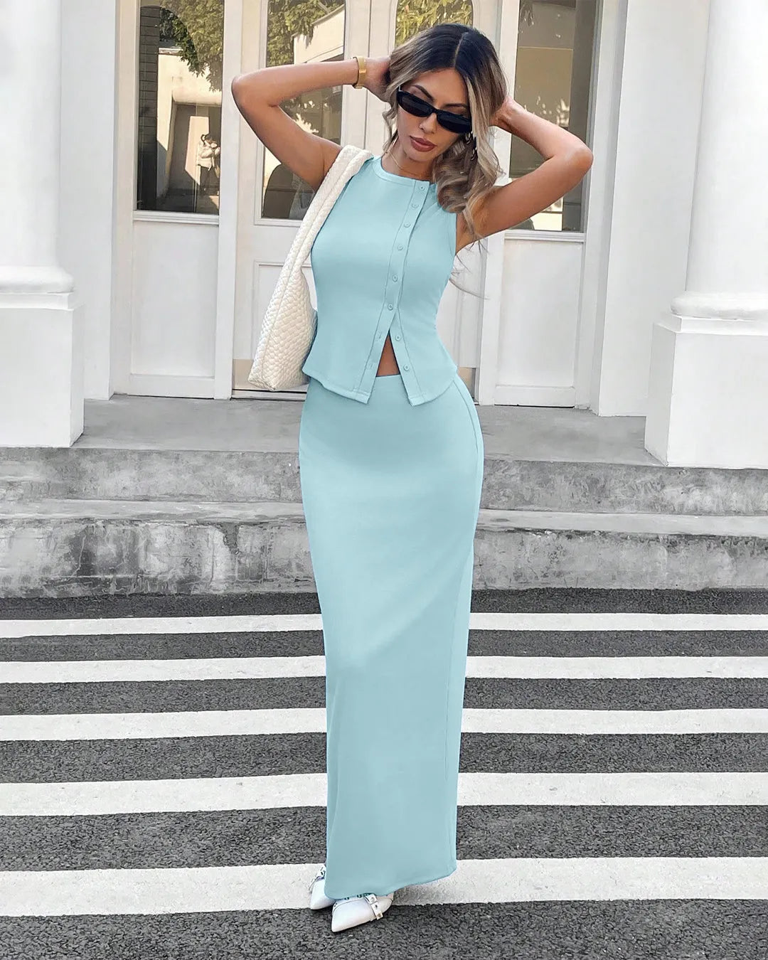Powder Blue Sleeveless Co-Ord Set with Fitted Skirt