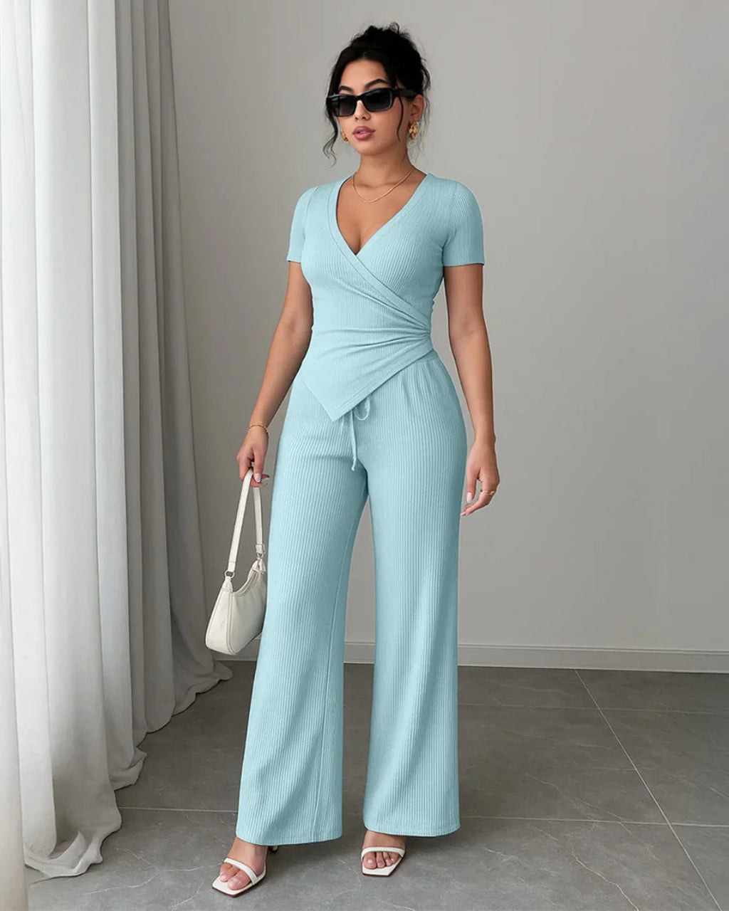 Powder Blue Wrap V-Neck Top & Wide Leg Pants Co-Ord Set