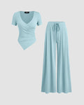 Powder Blue Wrap V-Neck Top & Wide Leg Pants Co-Ord Set
