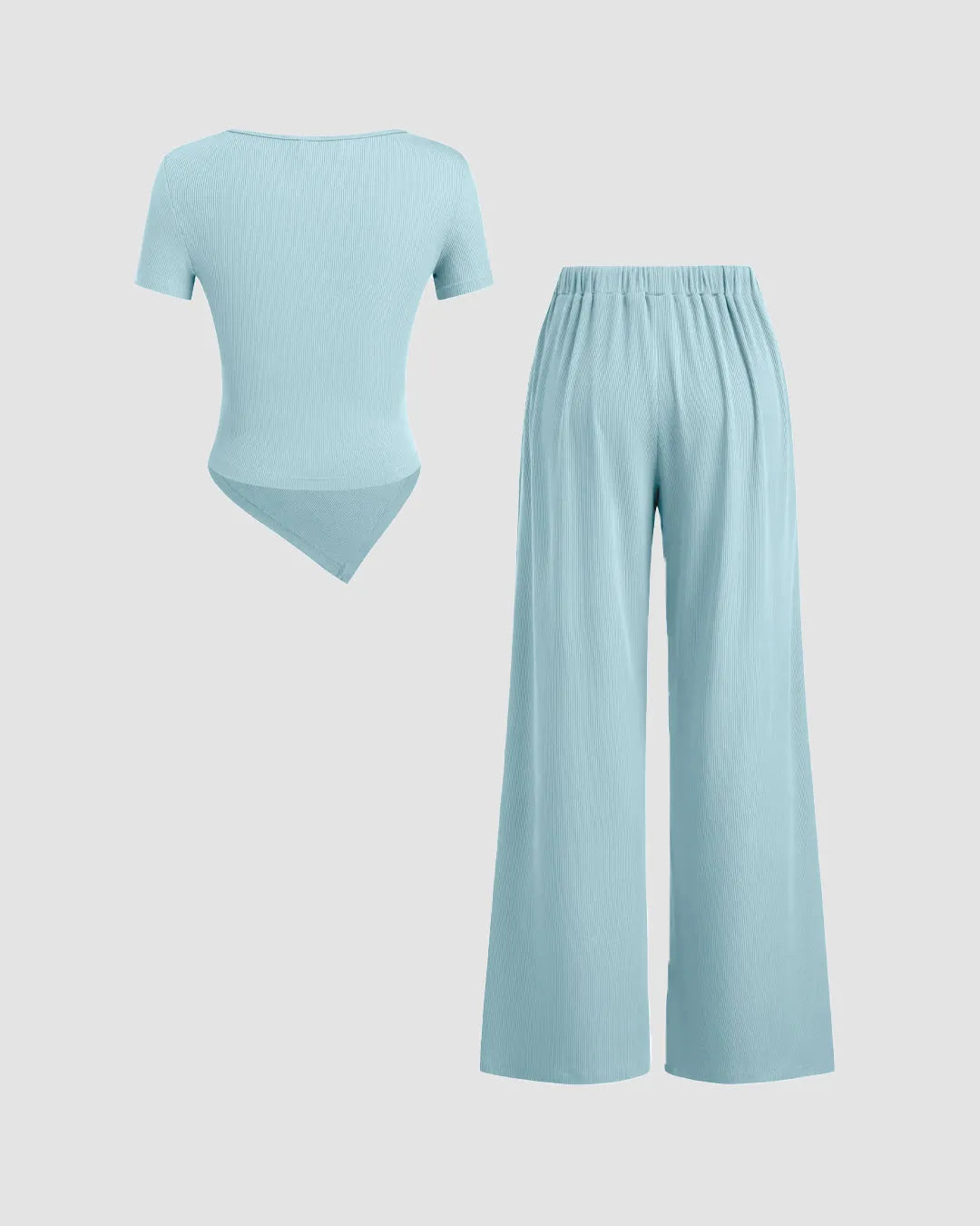 Powder Blue Wrap V-Neck Top & Wide Leg Pants Co-Ord Set