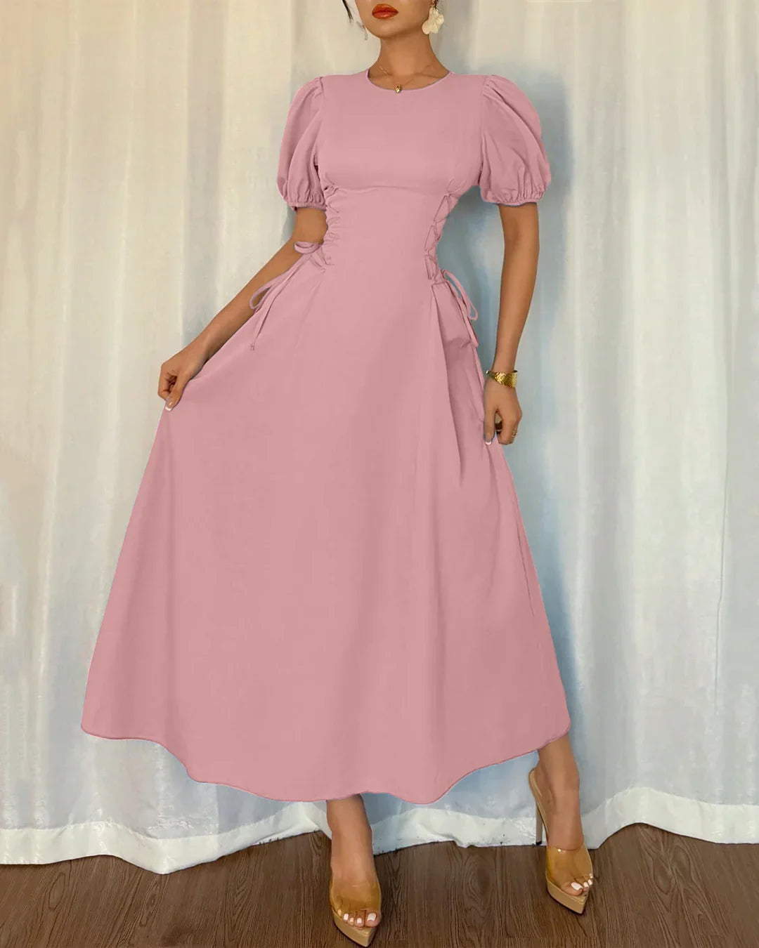 Powder Pink Puff Sleeve A-Line Midi Dress