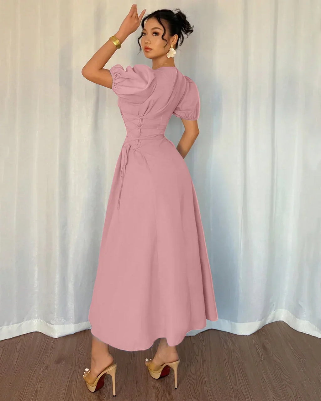Powder Pink Puff Sleeve A-Line Midi Dress