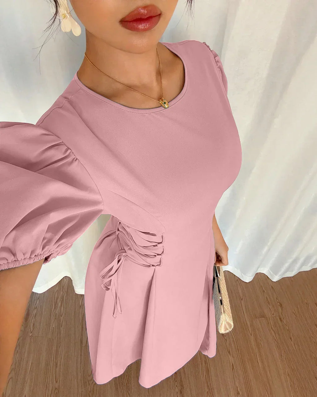 Powder Pink Puff Sleeve A-Line Midi Dress