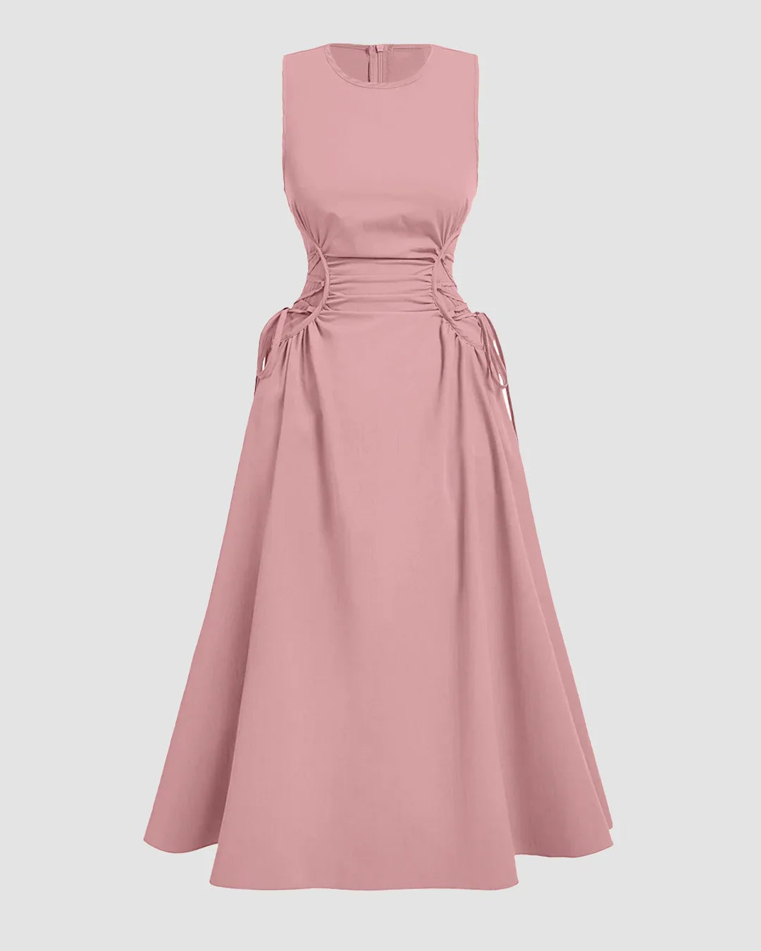 Powder Pink Sleeveless Midi Dress with Side Ruched Detail