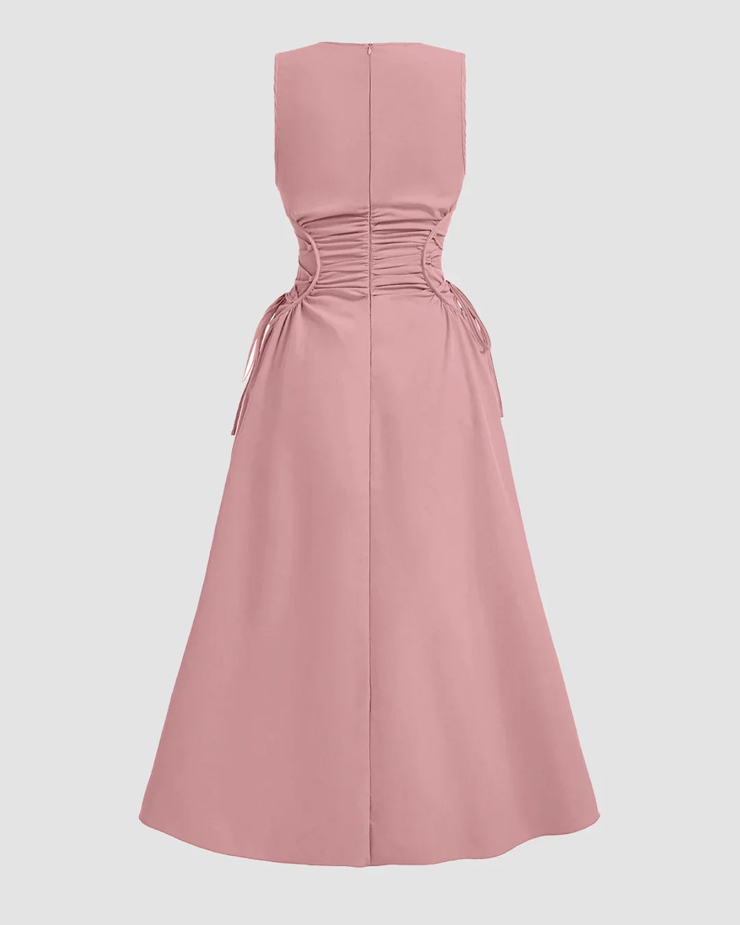 Powder Pink Sleeveless Midi Dress with Side Ruched Detail