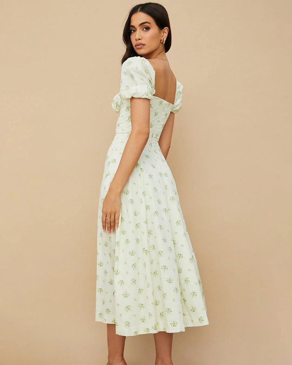 Printed Floral Halter Slim Puff Sleeve Side Slit Dress