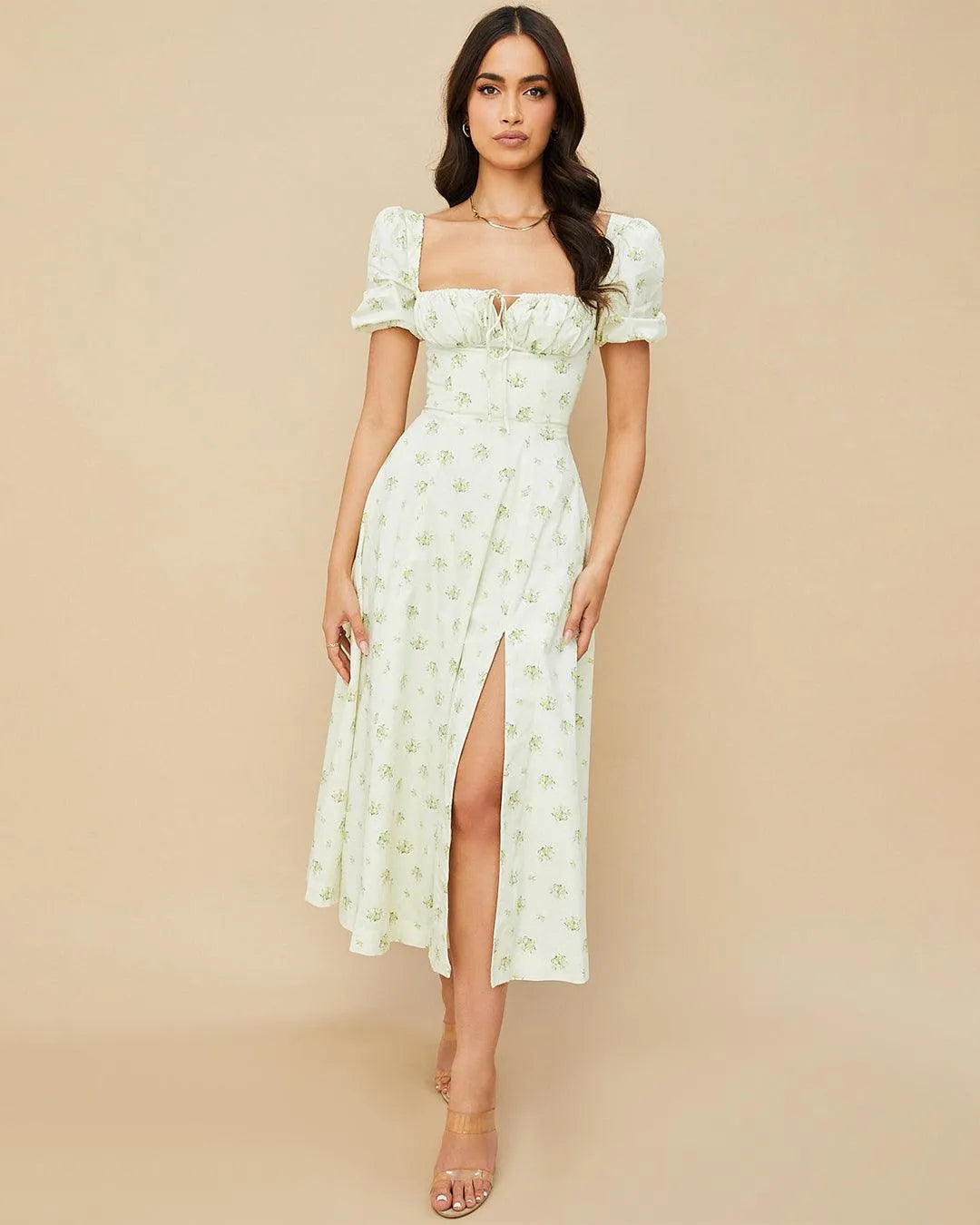 Printed Floral Halter Slim Puff Sleeve Side Slit Dress