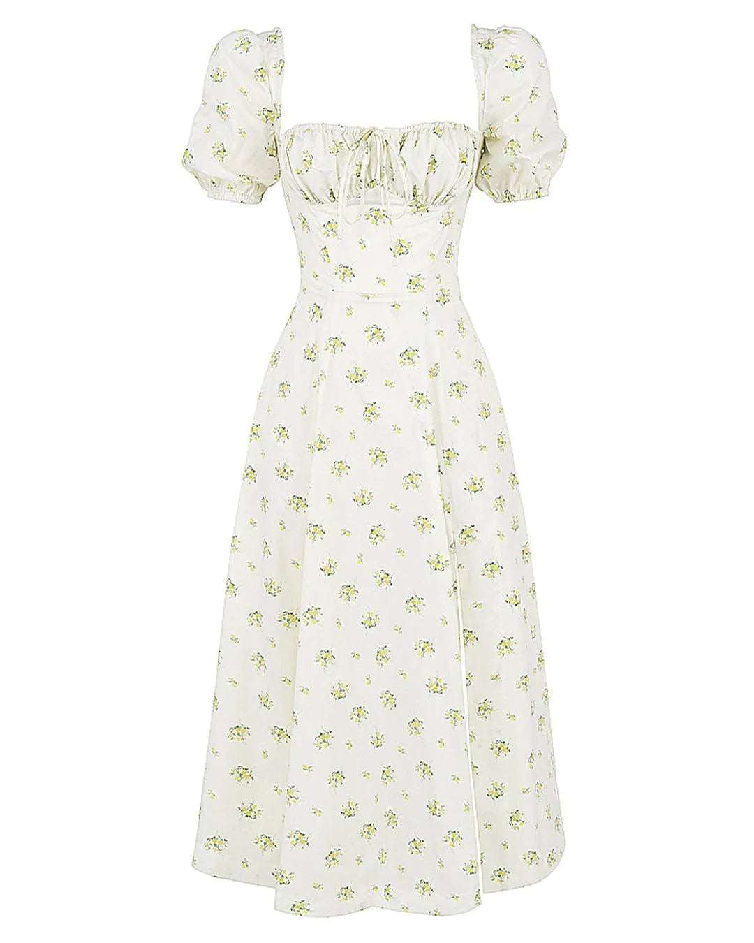 Printed Floral Halter Slim Puff Sleeve Side Slit Dress
