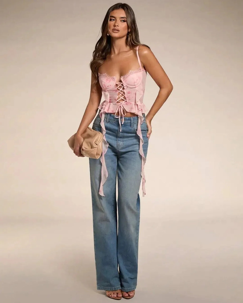 Printed Ruffles Front Lace Corset Top