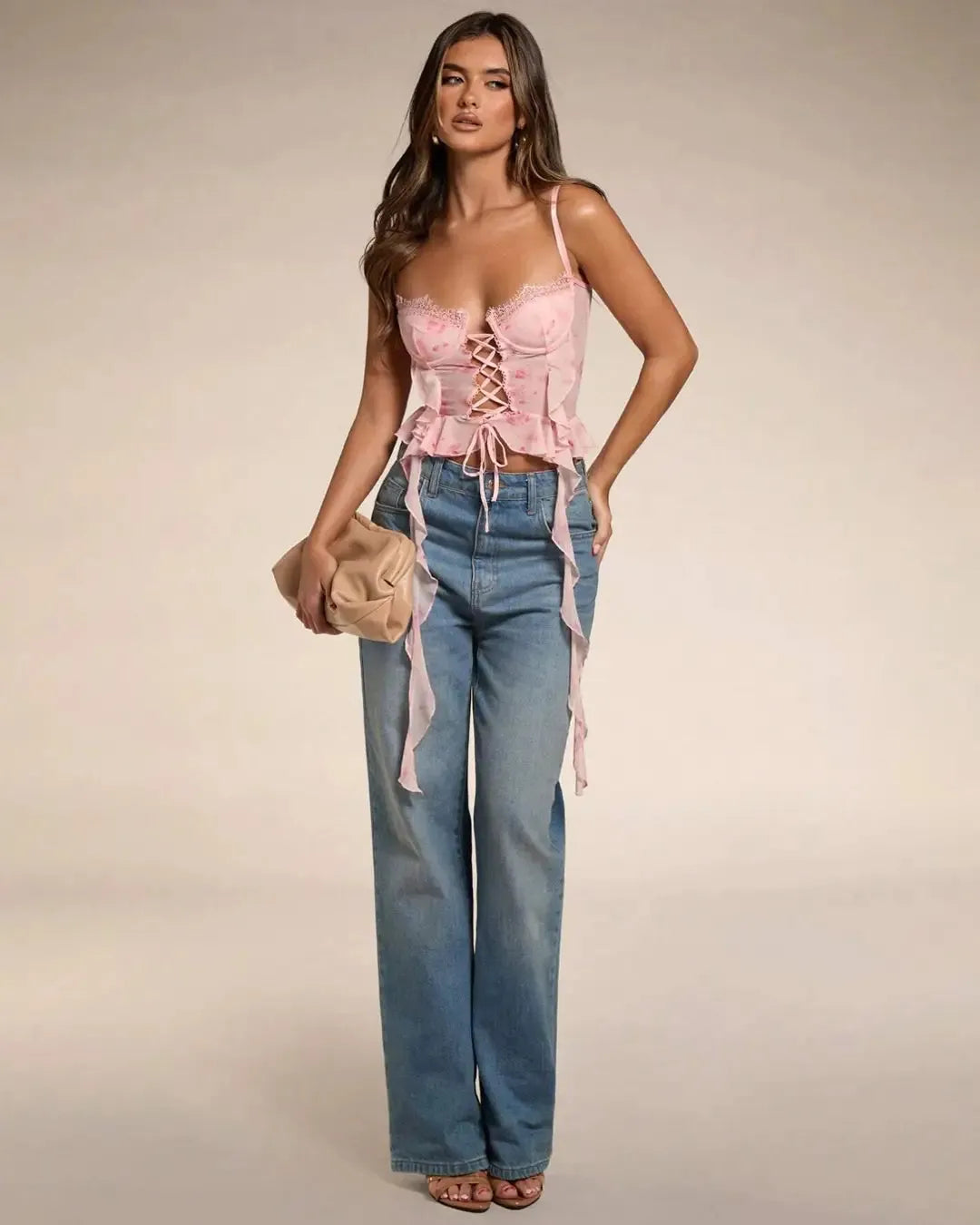 Printed Ruffles Front Lace Corset Top