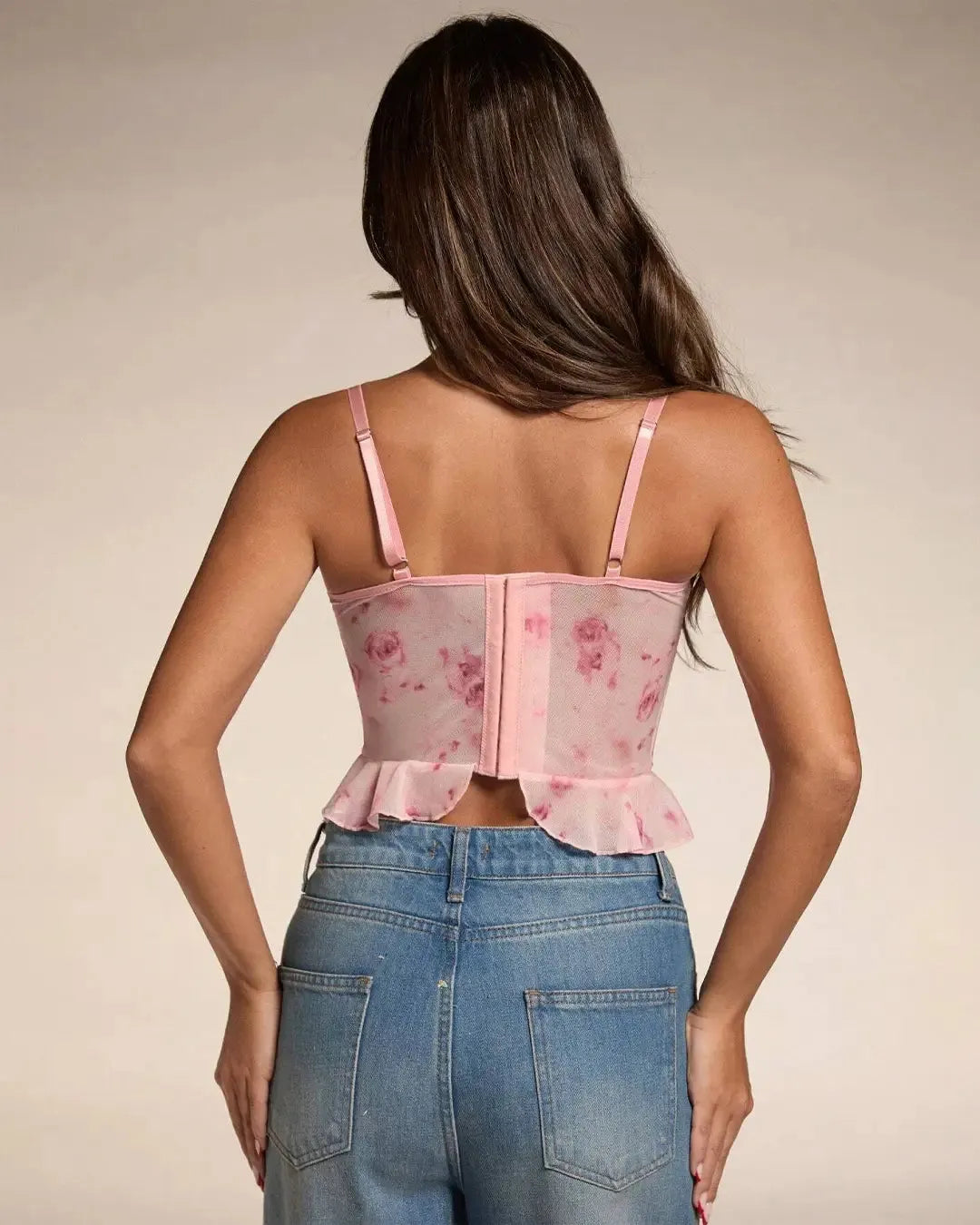 Printed Ruffles Front Lace Corset Top
