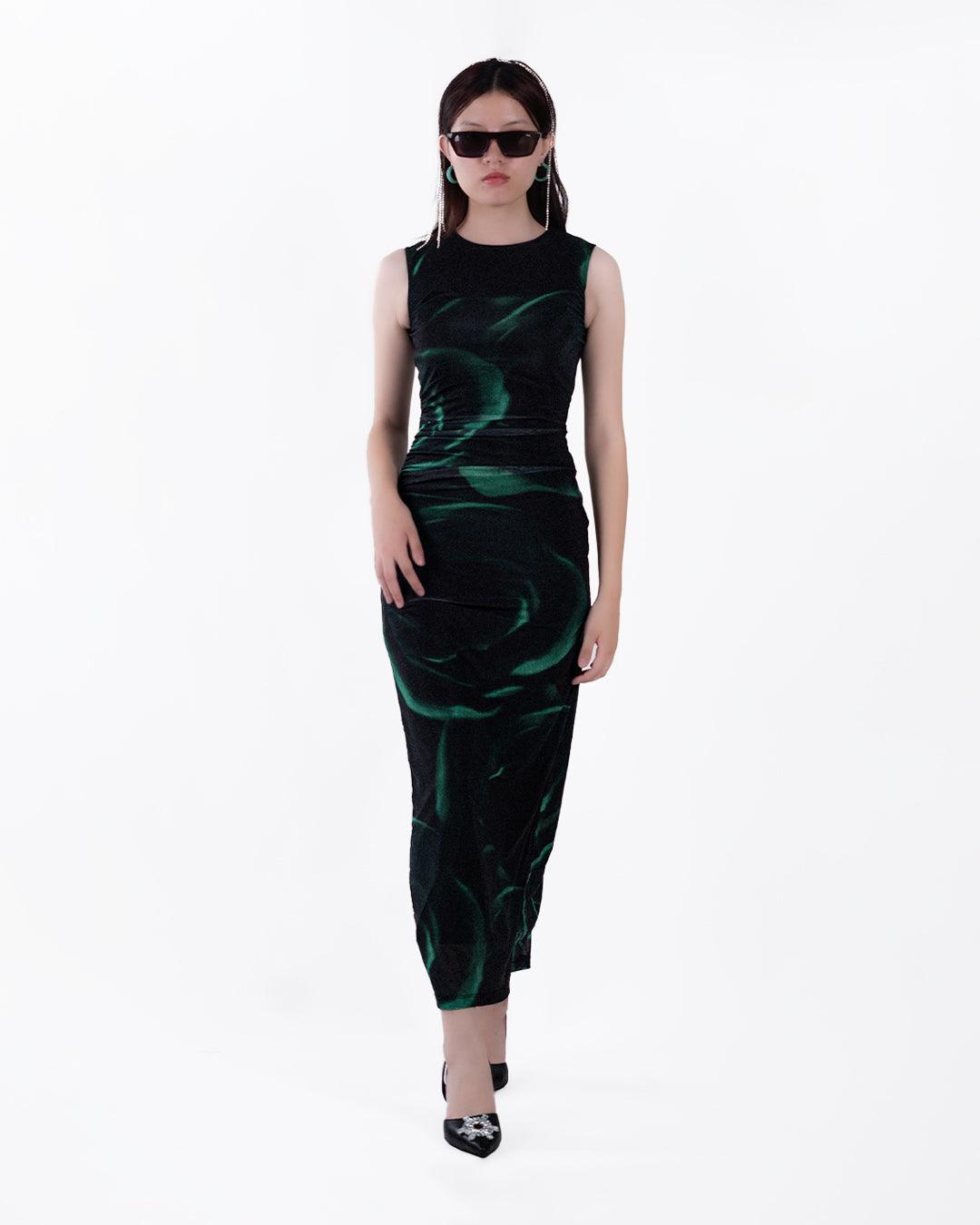 Printed Sheer Mesh Slit Sleeveless Maxi Dress