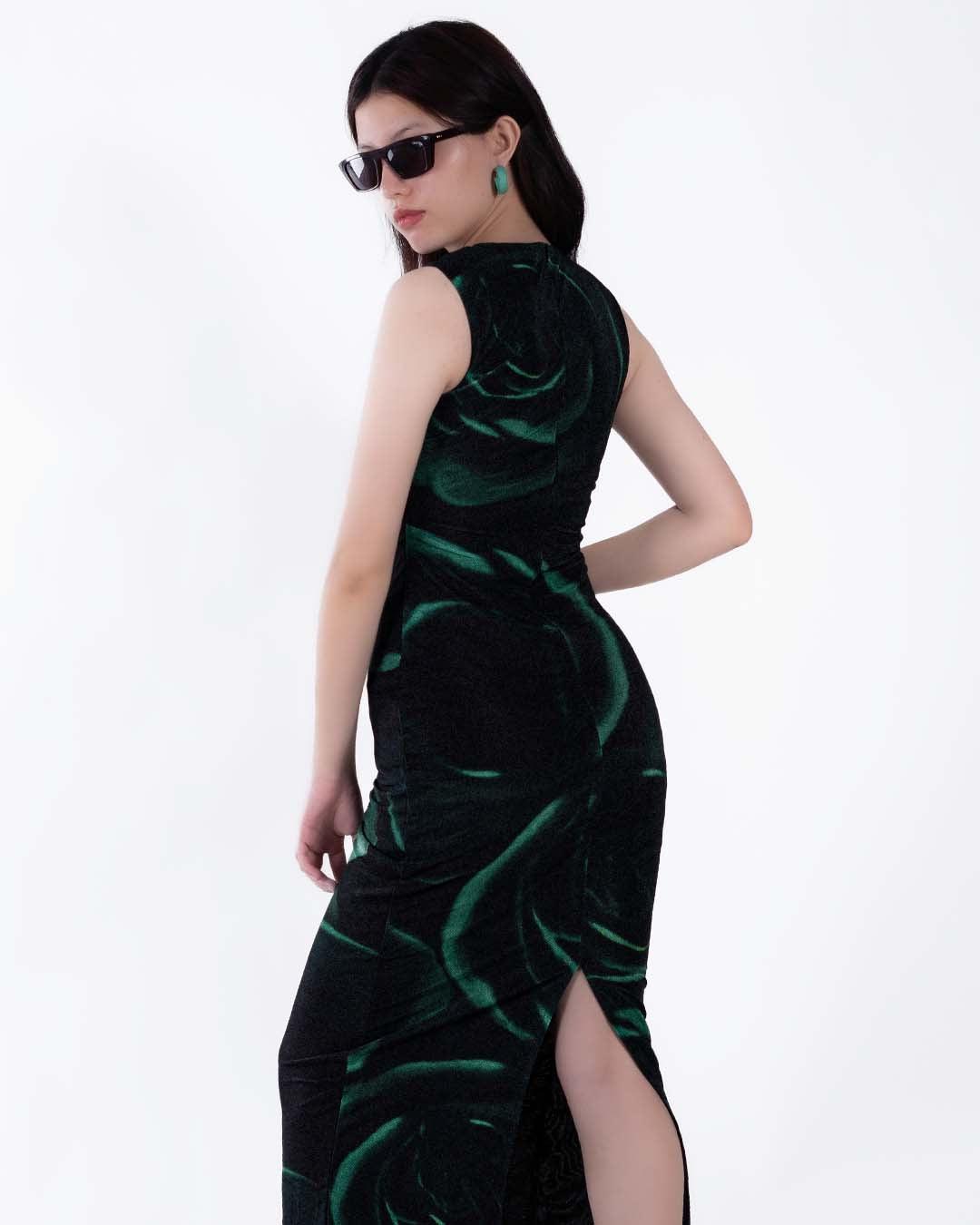 Printed Sheer Mesh Slit Sleeveless Maxi Dress