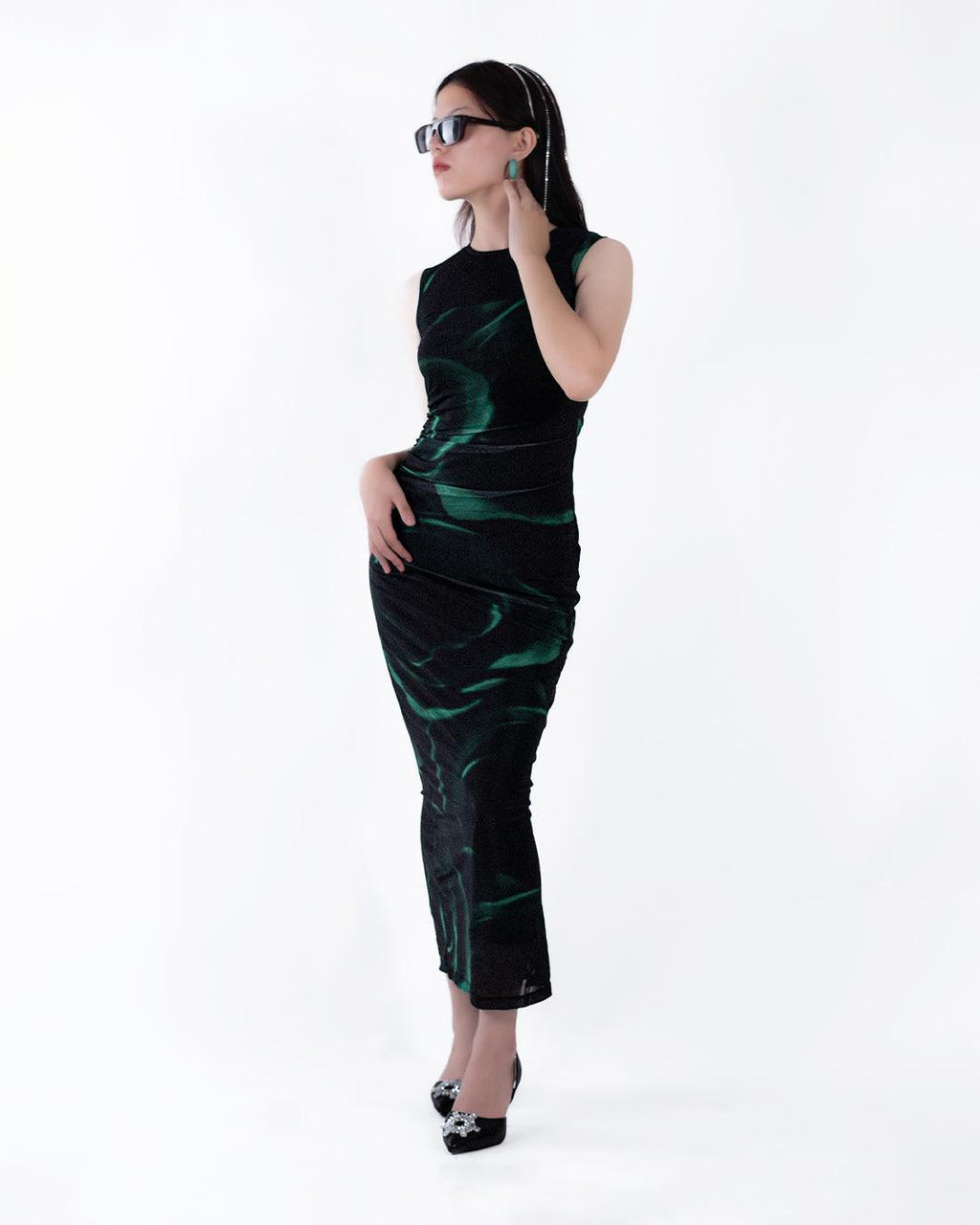 Printed Sheer Mesh Slit Sleeveless Maxi Dress