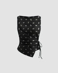 Printed Slim Fit Womens Boat Neck Tie-Up Wrap Top in Black