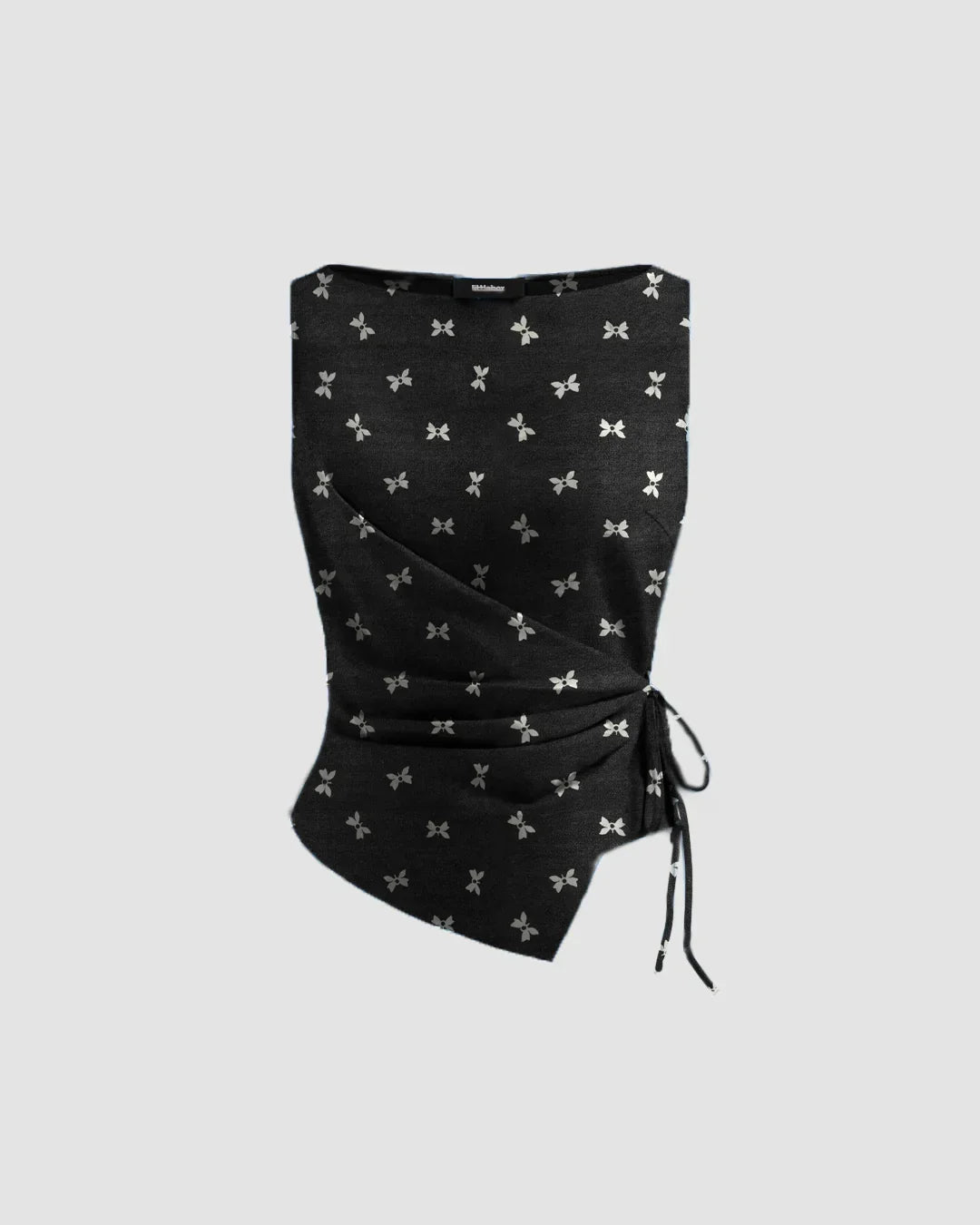 Printed Slim Fit Womens Boat Neck Tie-Up Wrap Top in Black