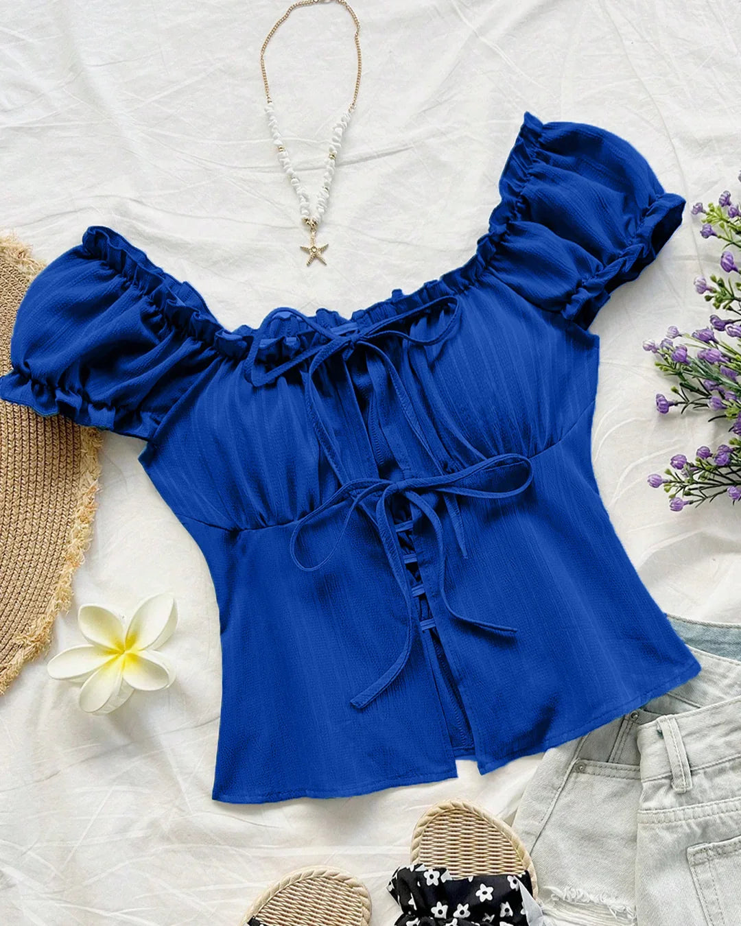 Puff Sleeve Off Shoulder Tie Front Peplum Top in Blue