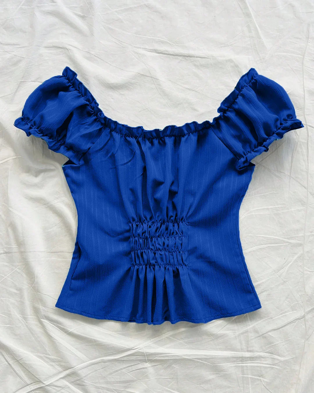 Puff Sleeve Off Shoulder Tie Front Peplum Top in Blue