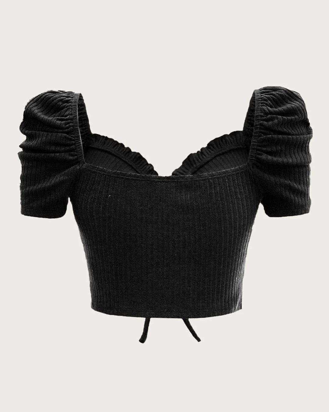Puffed Sleeve Vest Ruffle Top In Black
