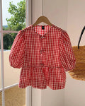 Red Gingham Peplum Blouse with Puff Sleeves