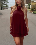 Red Halter Flower Tie Strap A-Line Backless Mini Dress