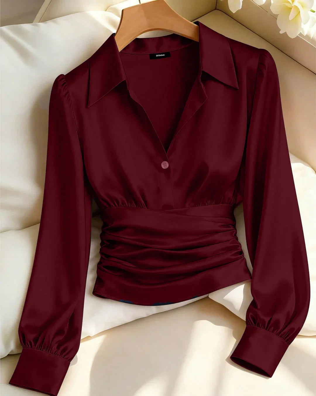 Red Solid Color Satin Long Sleeve Collared Waist Top