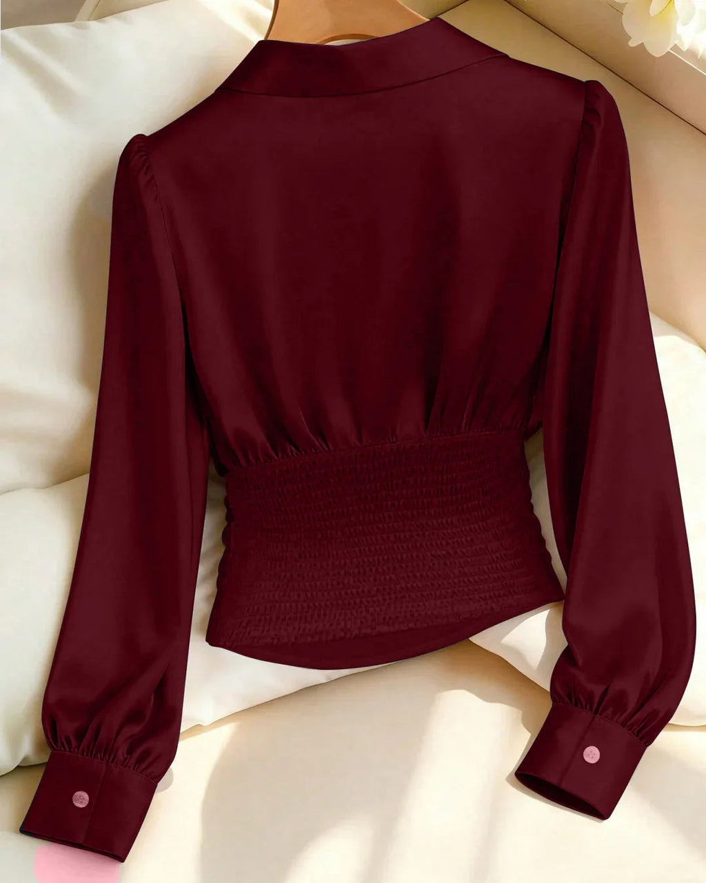Red Solid Color Satin Long Sleeve Collared Waist Top