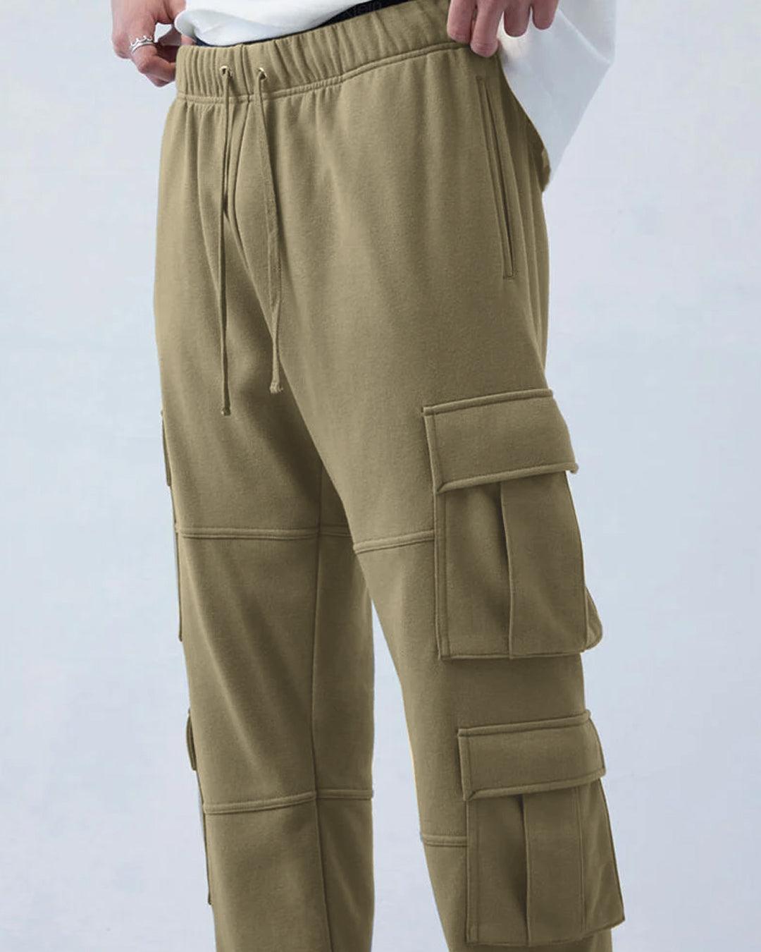 Men Relaxed Fit Terry Olive Straight Cargo Pants