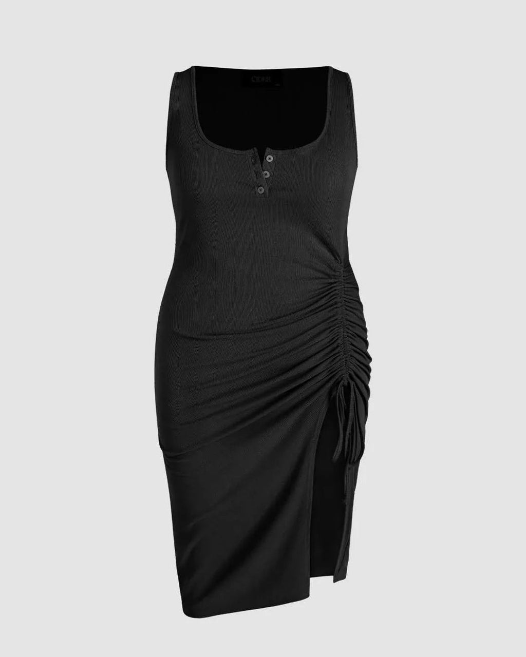 Rib Button Drawstring Midi Dress Black Curve & Plus