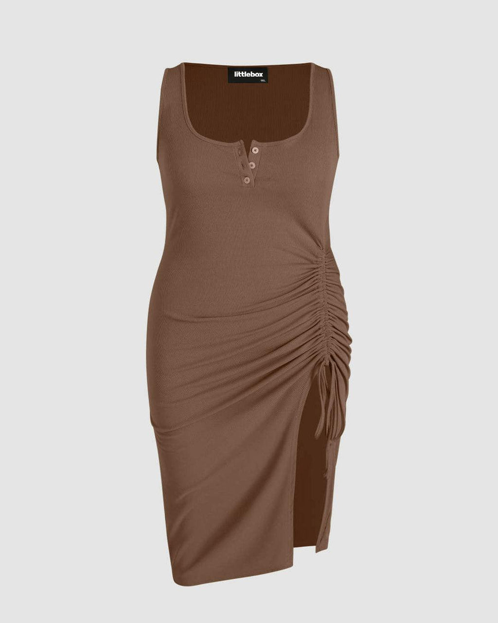 Rib Button Drawstring Midi Dress Brown Curve & Plus