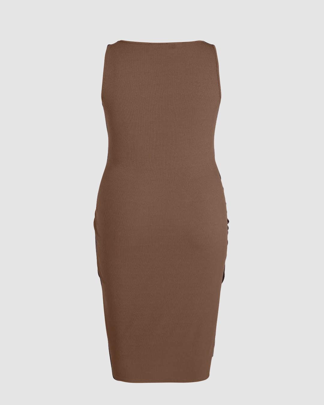 Rib Button Drawstring Midi Dress Brown Curve & Plus