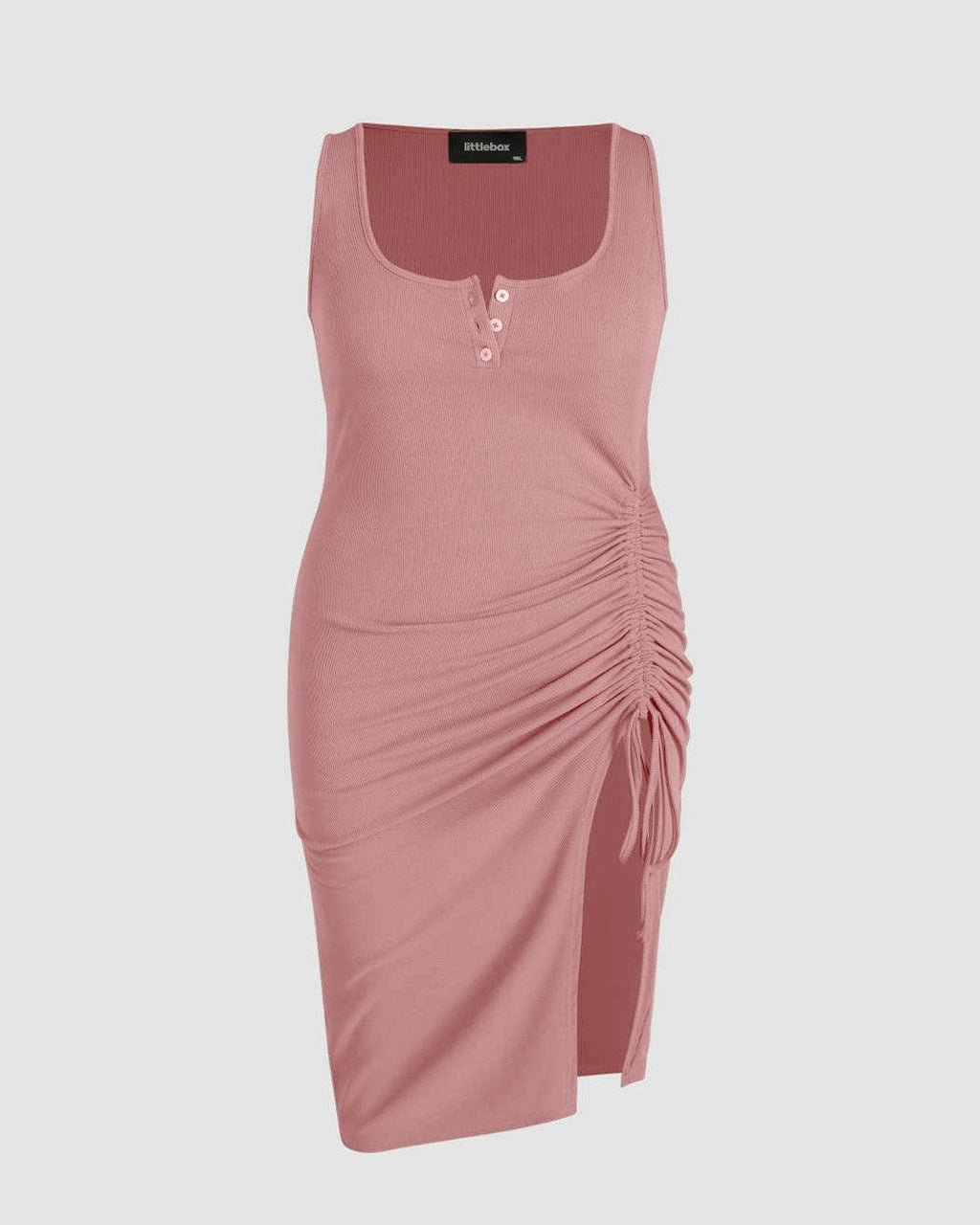 Rib Button Drawstring Midi Dress Pink Curve & Plus