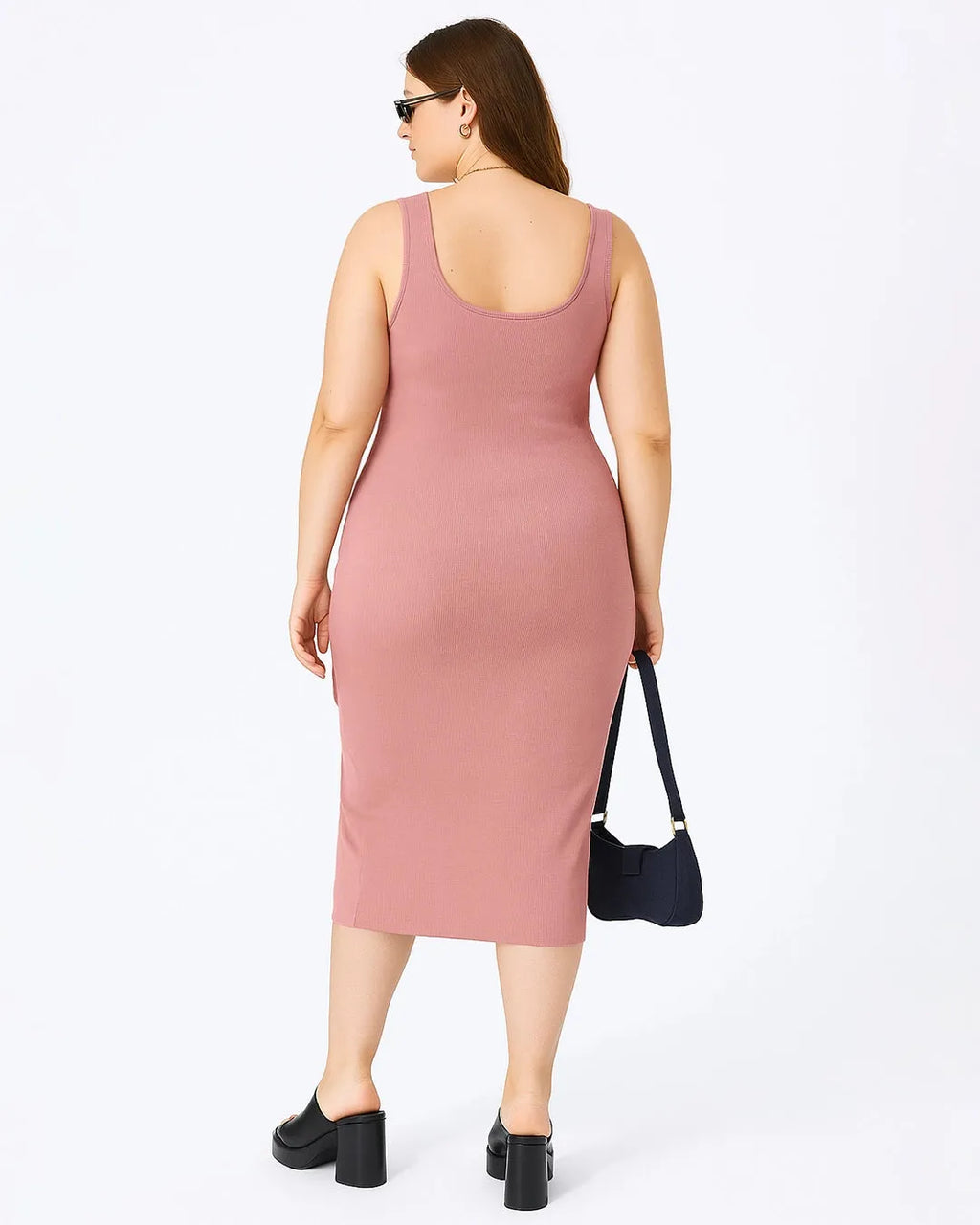 Rib Button Drawstring Midi Dress Pink Curve & Plus