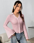 Slim Fit Button Down Top with Flared Sleeves in Baby Pink
