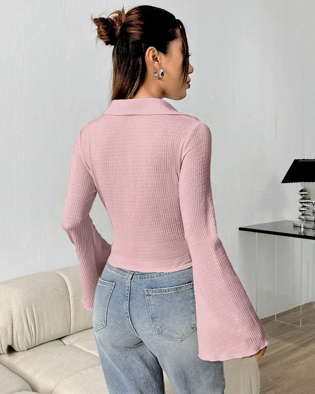 Slim Fit Button Down Top with Flared Sleeves in Baby Pink