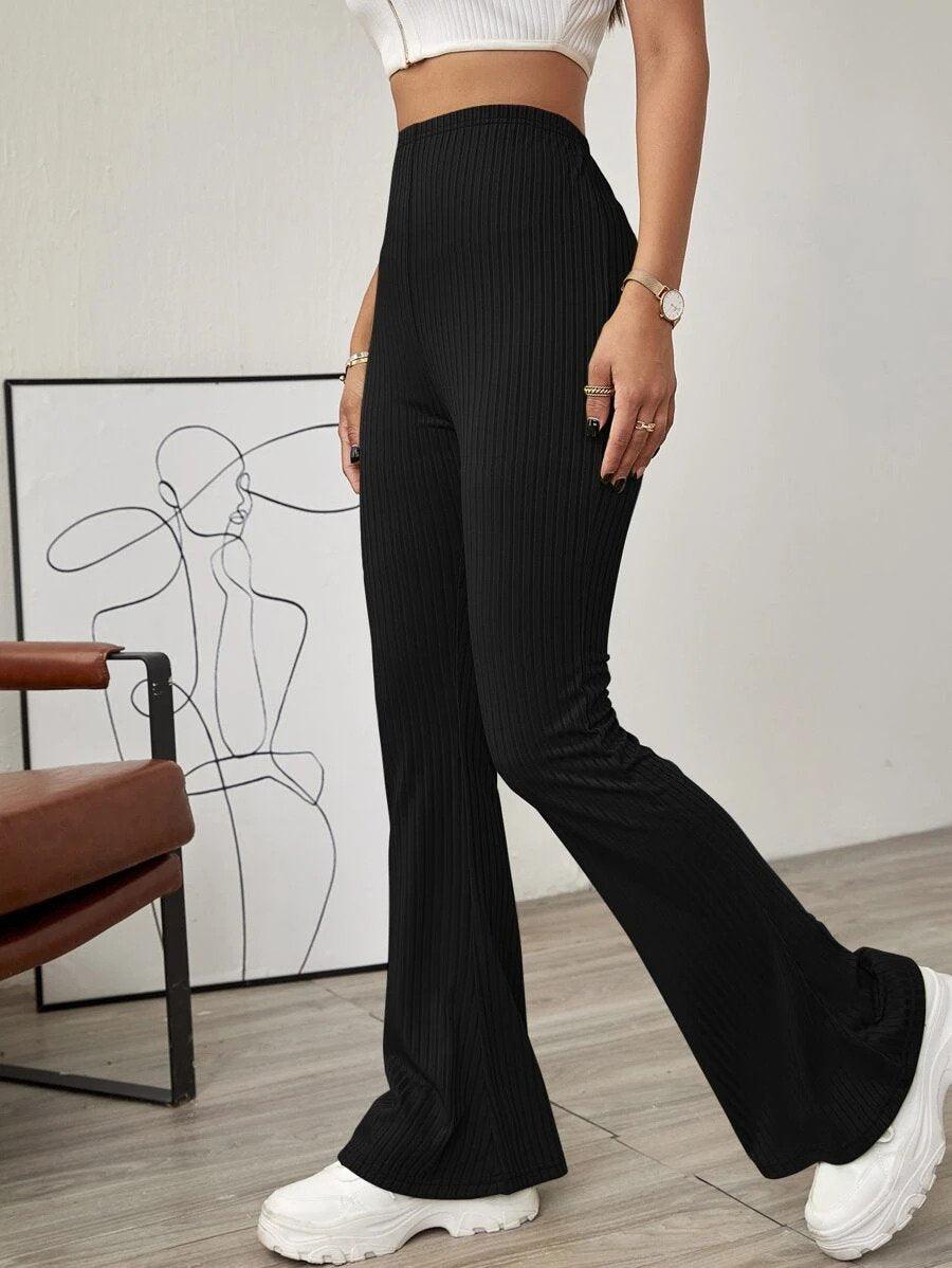 Ribbed High Rise Stretch Flared Pants in Black