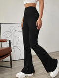 Ribbed High Rise Stretch Flared Pants in Black