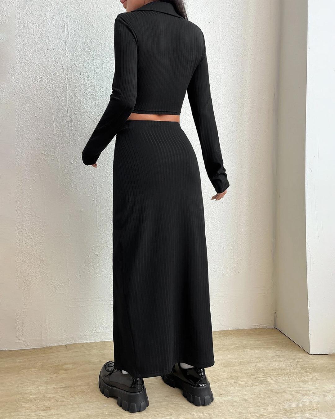 Ribbed Knit Button Front Crop Tee & Split Thigh Skirt In Black
