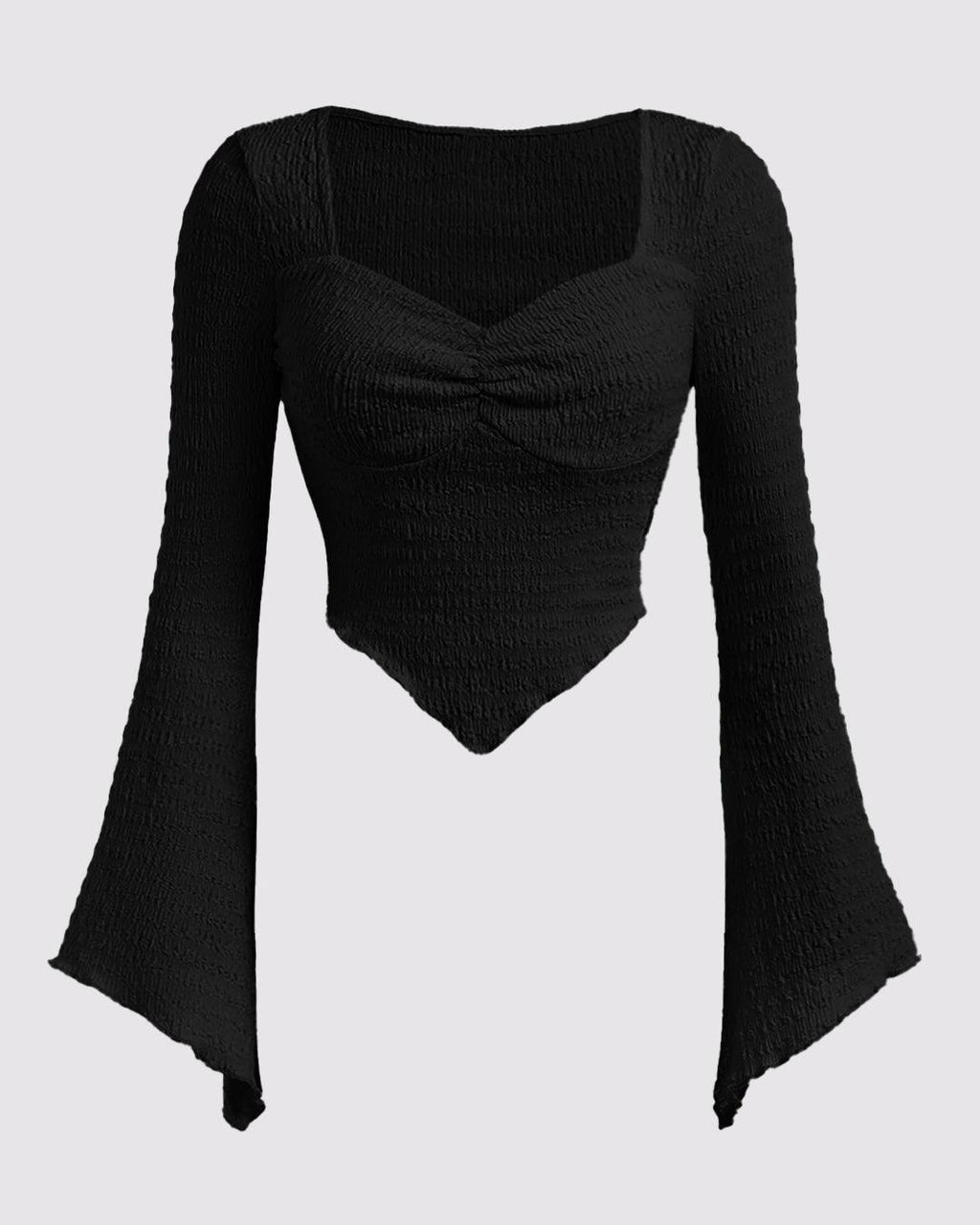 Ribbed Long Sleeve Flared Hem Statement Top in Black