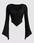 Ribbed Long Sleeve Flared Hem Statement Top in Black