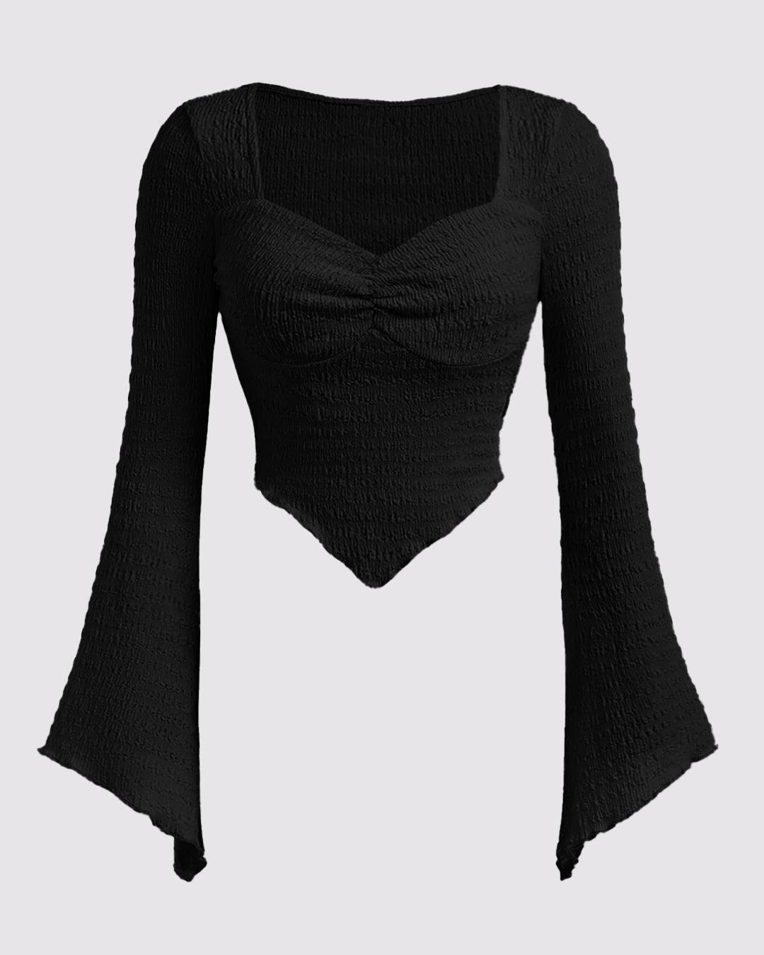 Ribbed Long Sleeve Flared Hem Statement Top in Black