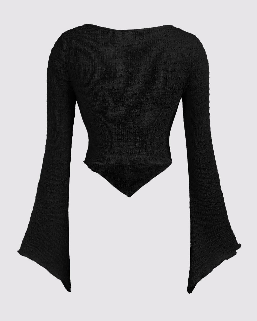 Ribbed Long Sleeve Flared Hem Statement Top in Black
