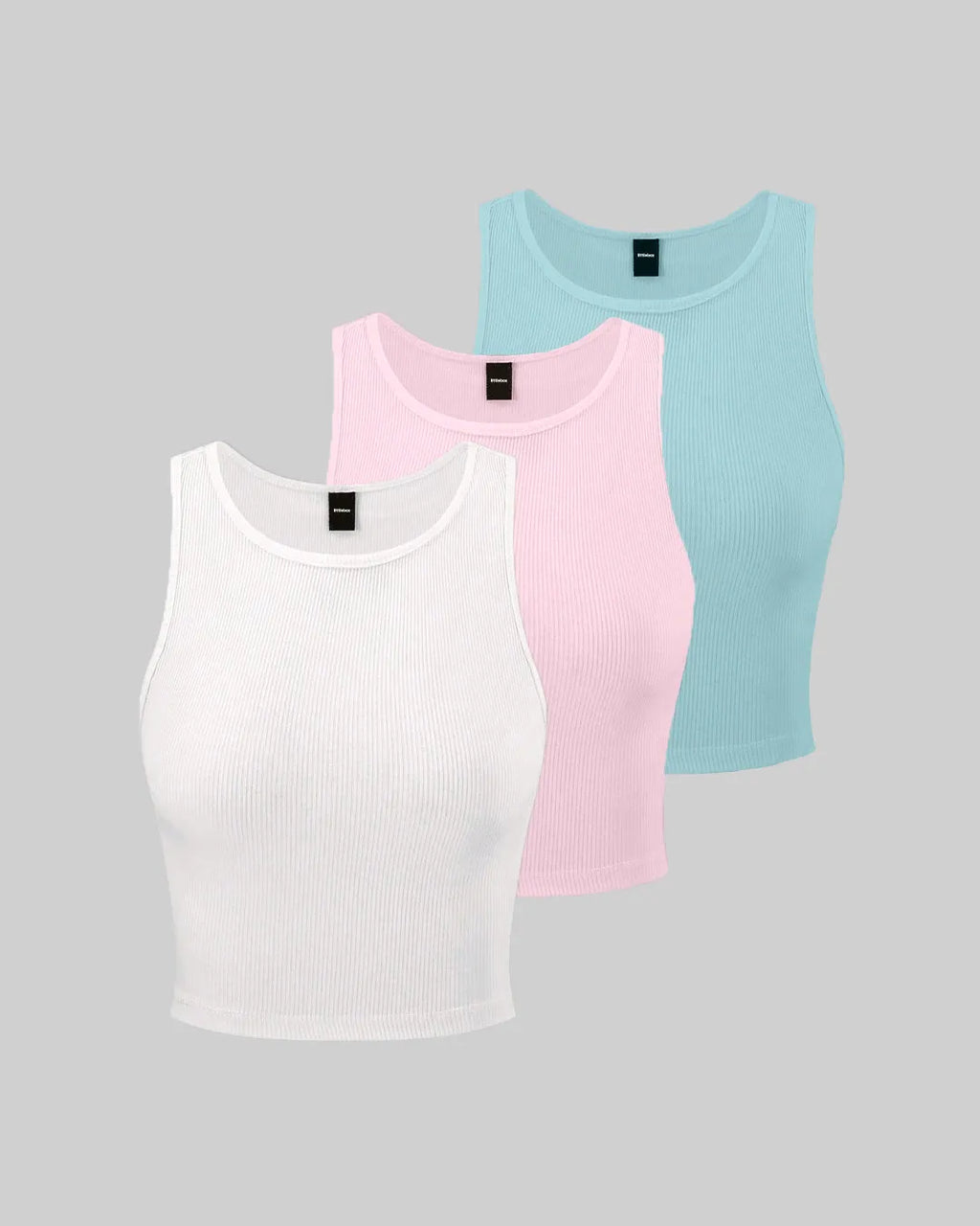 Pack of 3 Solid Color Ribbed Tank Tops in Light Blue, Pink, White