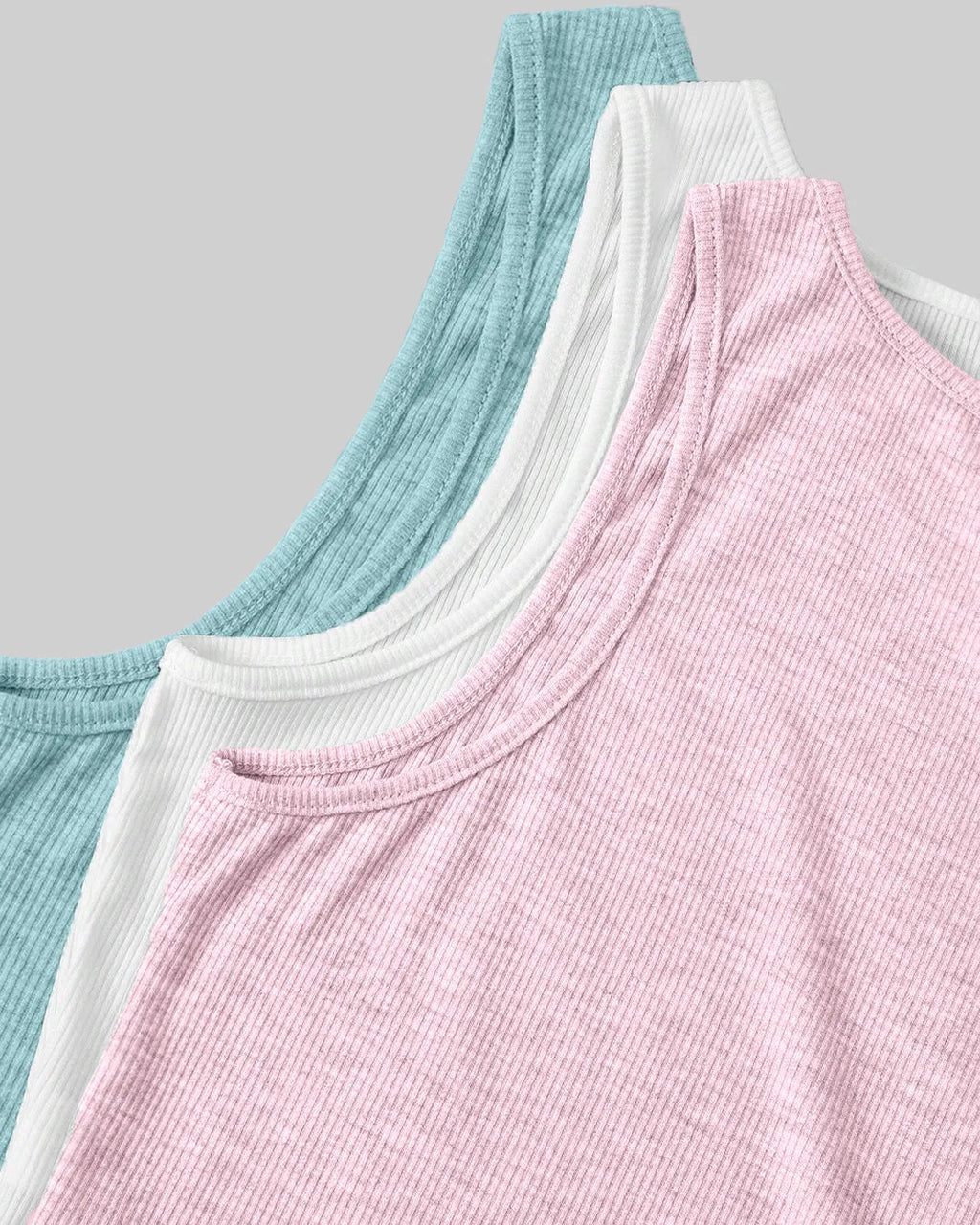 Pack of 3 Solid Color Ribbed Tank Tops in Light Blue, Pink, White