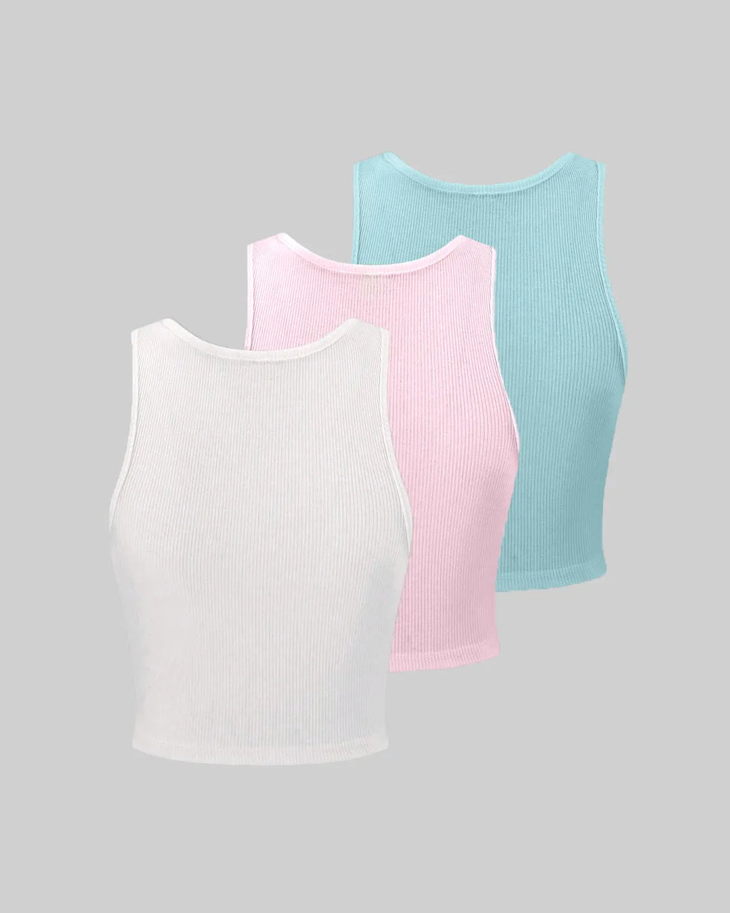 Pack of 3 Solid Color Ribbed Tank Tops in Light Blue, Pink, White