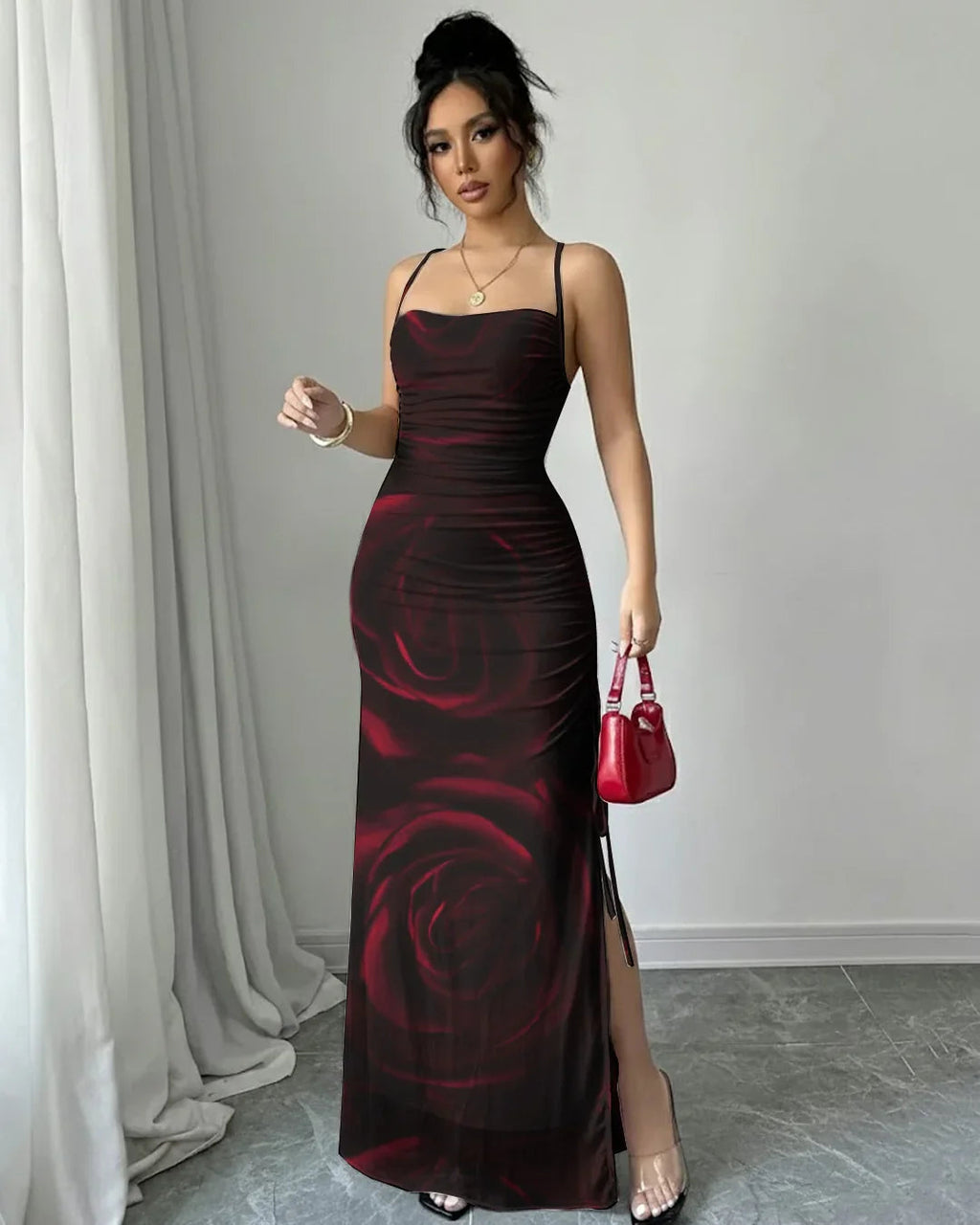 Rose Floral Print Sleeveless Bodycon Maxi Dress