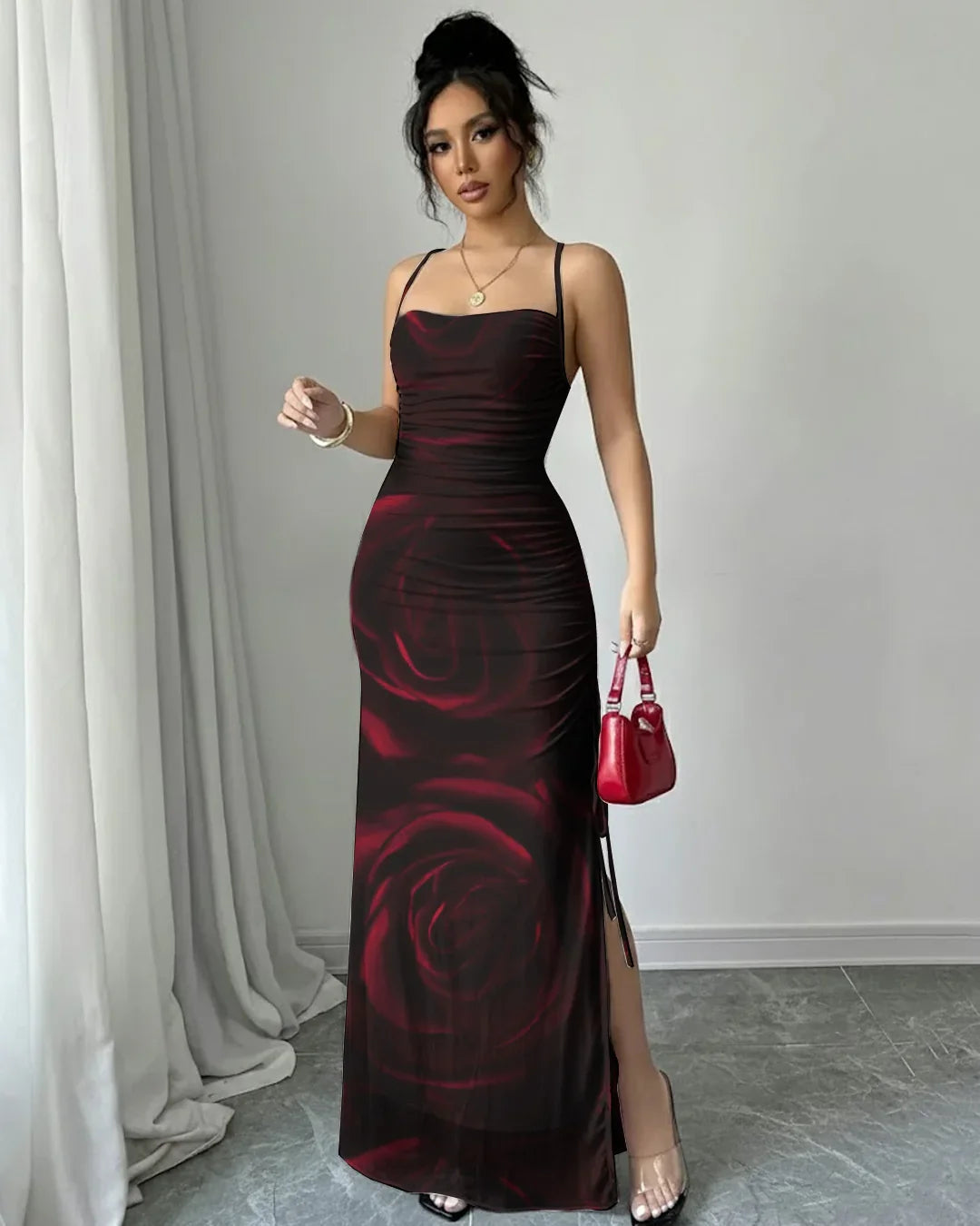 Rose Floral Print Sleeveless Bodycon Maxi Dress