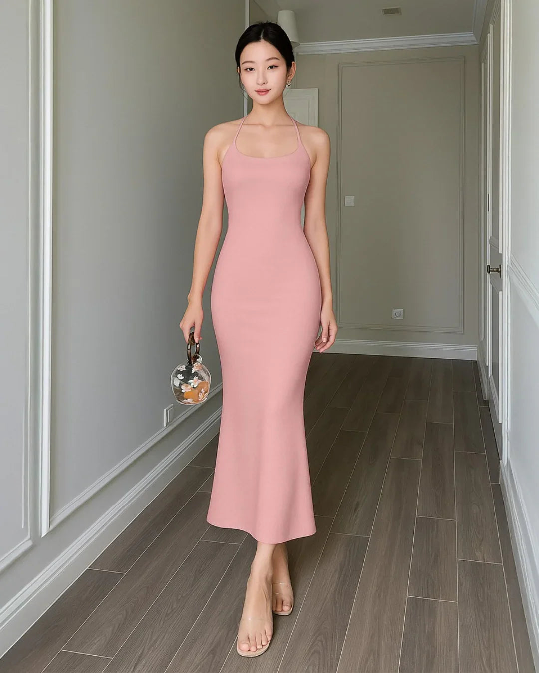Rose Halter-Neck Bodycon Maxi Dress With Sleek Minimalist Design