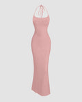 Rose Halter-Neck Bodycon Maxi Dress With Sleek Minimalist Design